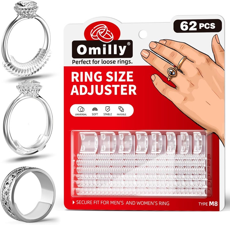 Omilly Ring Sizer Adjuster for Loose Rings - 62 Piece Set with 3 Styles (Ring Spacers, Spiral, Sticker), Fits Ring Widths 1-10mm, Invisible Design for Women & Men - Image 1